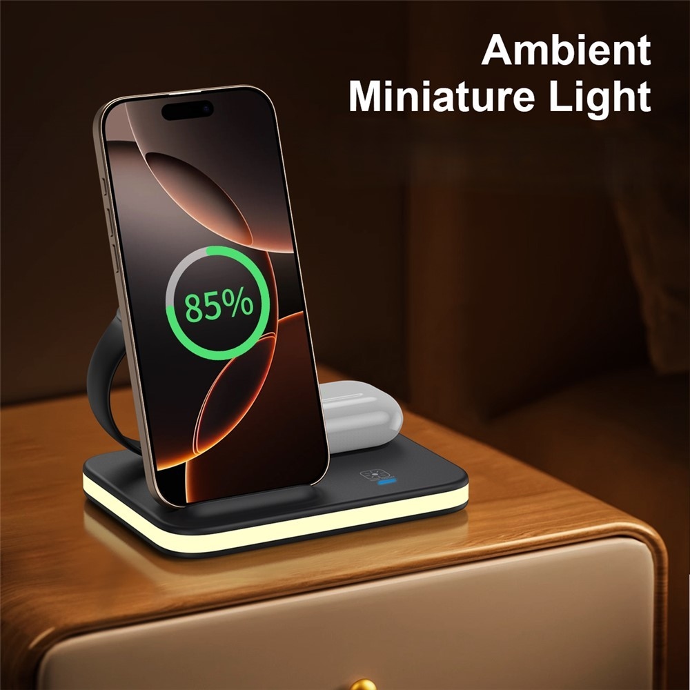 E16 skládací bezdrátová nabíjecí stanice 3v1 s nočním světlem - černá