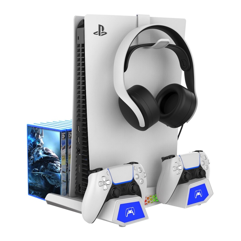 iPega P5S023 Multifunkční Nabíjecí RGB Stojan s Chlazením pro PS5/PS5 Slim White