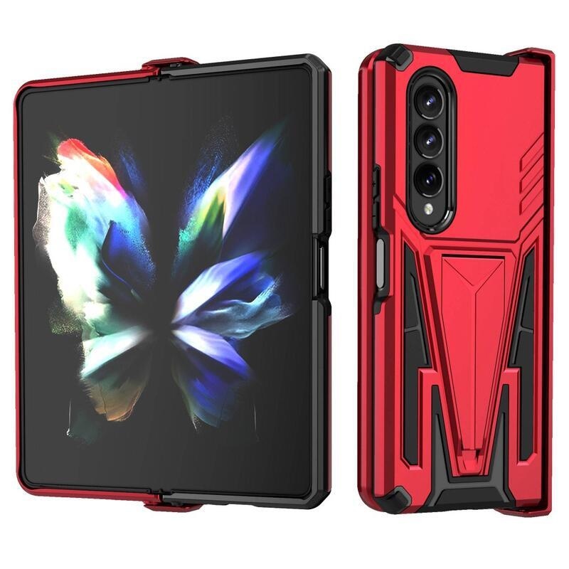 V-shape odolný hybridní kryt s výklopným stojánkem na mobil Samsung Galaxy Z Fold4 5G - červený