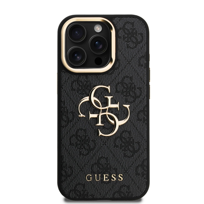 Guess PU 4G Metal Logo Stand Camera Frame Zadní Kryt pro iPhone 15 Pro Max Black