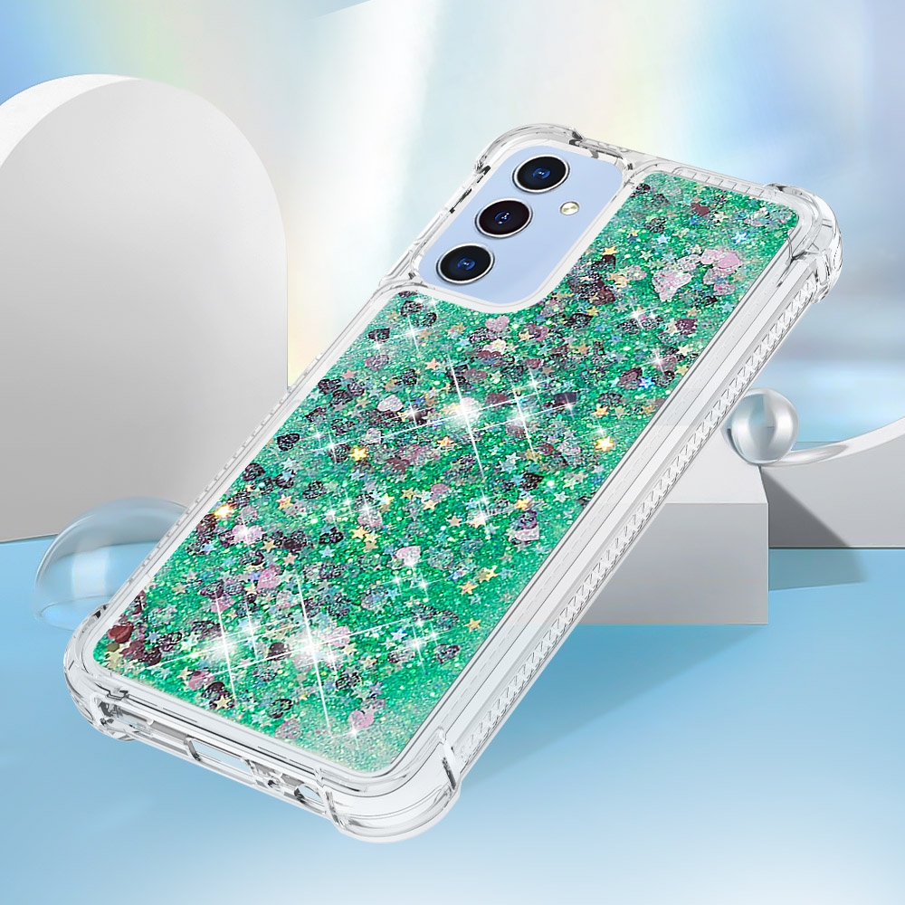 Glitter přesýpací gelový obal na Samsung Galaxy A17 5G - zelený/srdíčka
