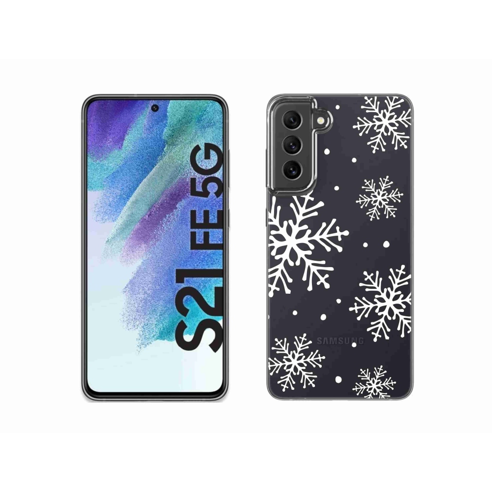 Gelový kryt mmCase na Samsung Galaxy S21 FE 5G - bílé vločky na průhledném pozadí