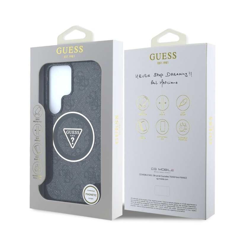 Guess IML 4G Glitter and Triangle Logo MagSafe Zadní Kryt pro Samsung Galaxy S25 Ultra Black