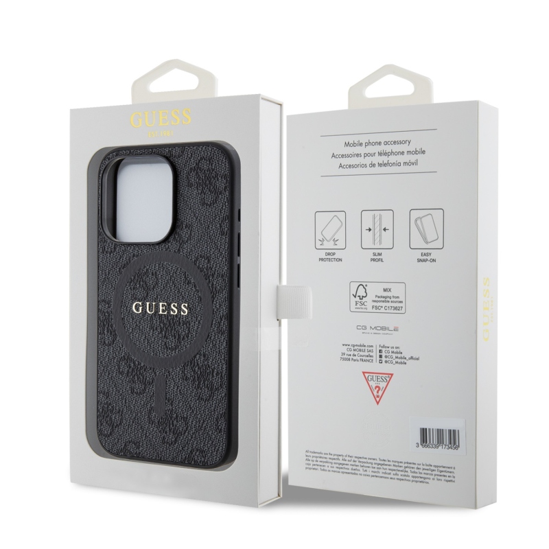 Guess PU Leather 4G Colored Ring MagSafe Zadní Kryt pro iPhone 15 Pro Black