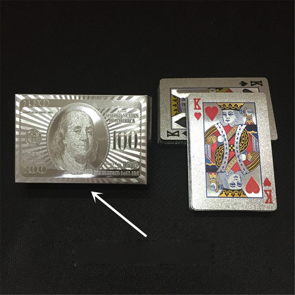 Voděodolné plastové hrací karty 100 dolarů ve stříbrném provedení 54 ks