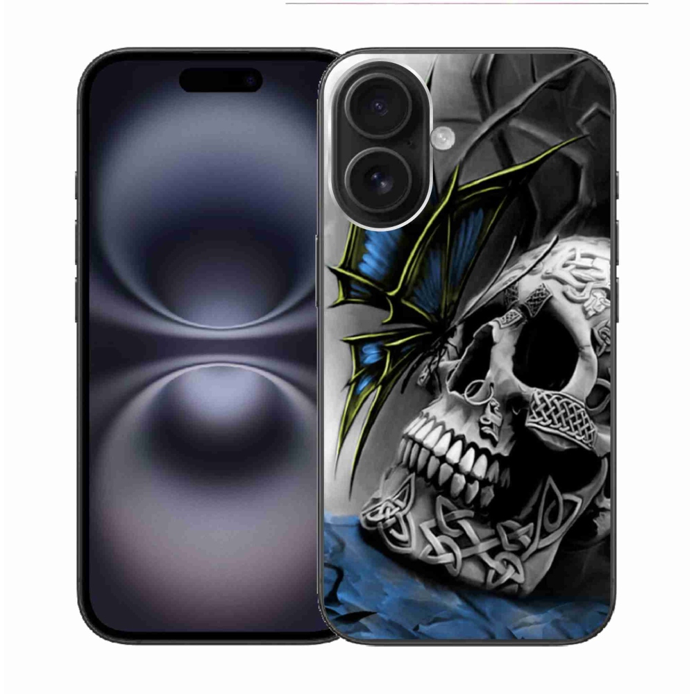 Gelový kryt mmCase na iPhone 16 - motýl a lebka