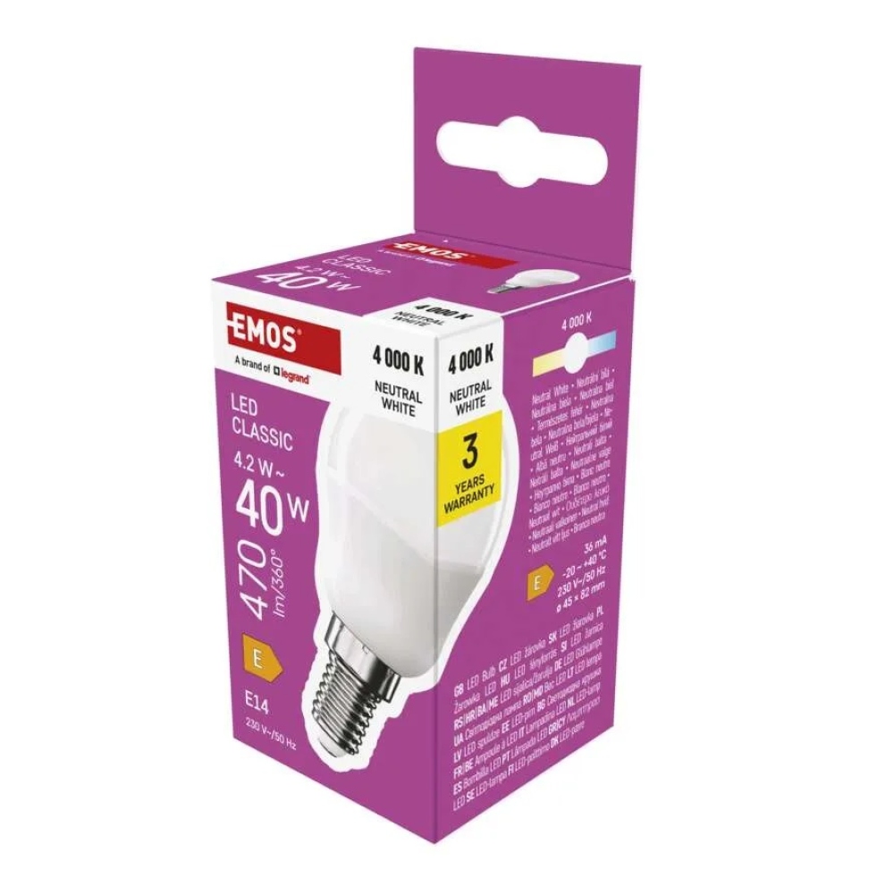 LED žárovka Classic Mini Globe / E14 / 4,2 W (40 W) / 470 lm / neutrální bílá