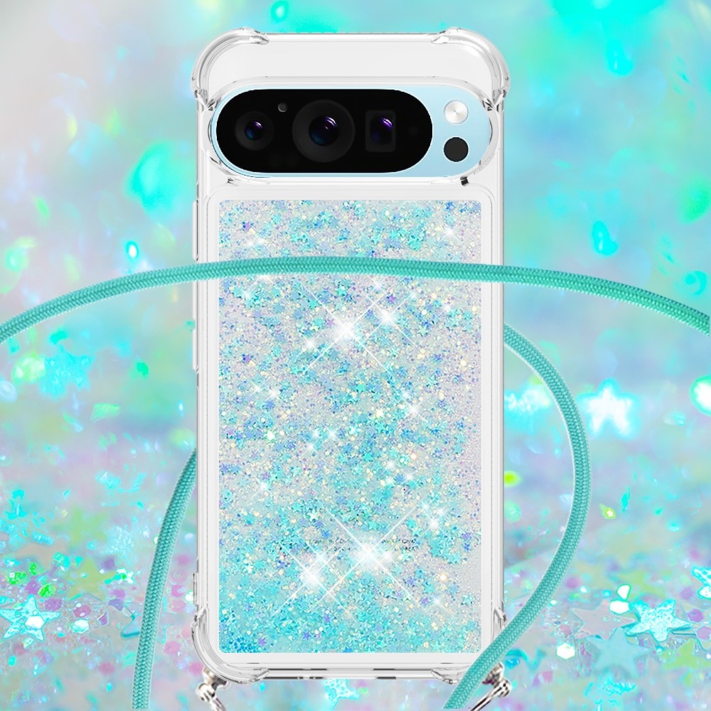 Glitters přesýpací gelový obal se šňůrkou na Google Pixel 10 Pro/Pixel 10 - modrý/hvězdičky