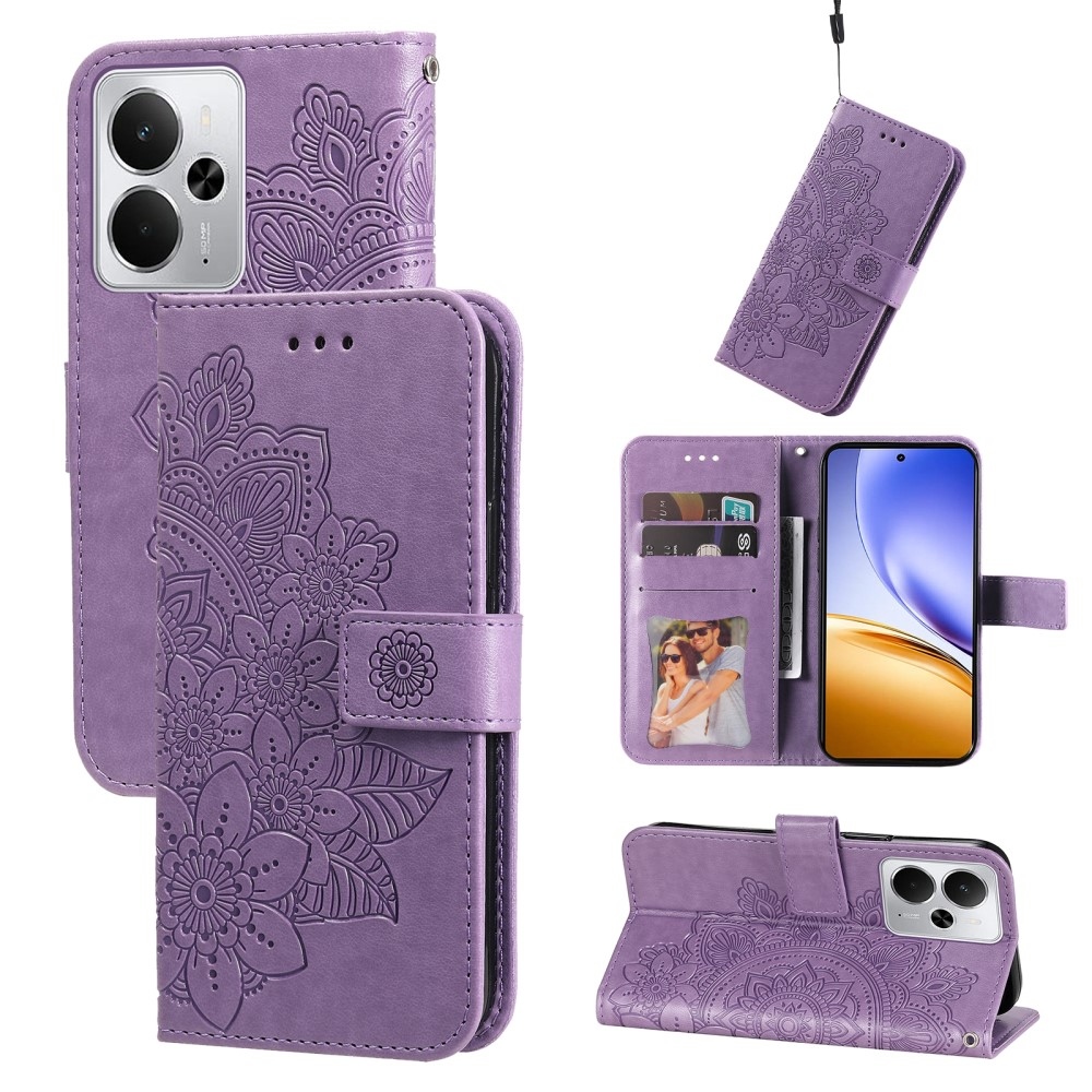 Floral knížkové pouzdro na Realme 14 5G - fialové