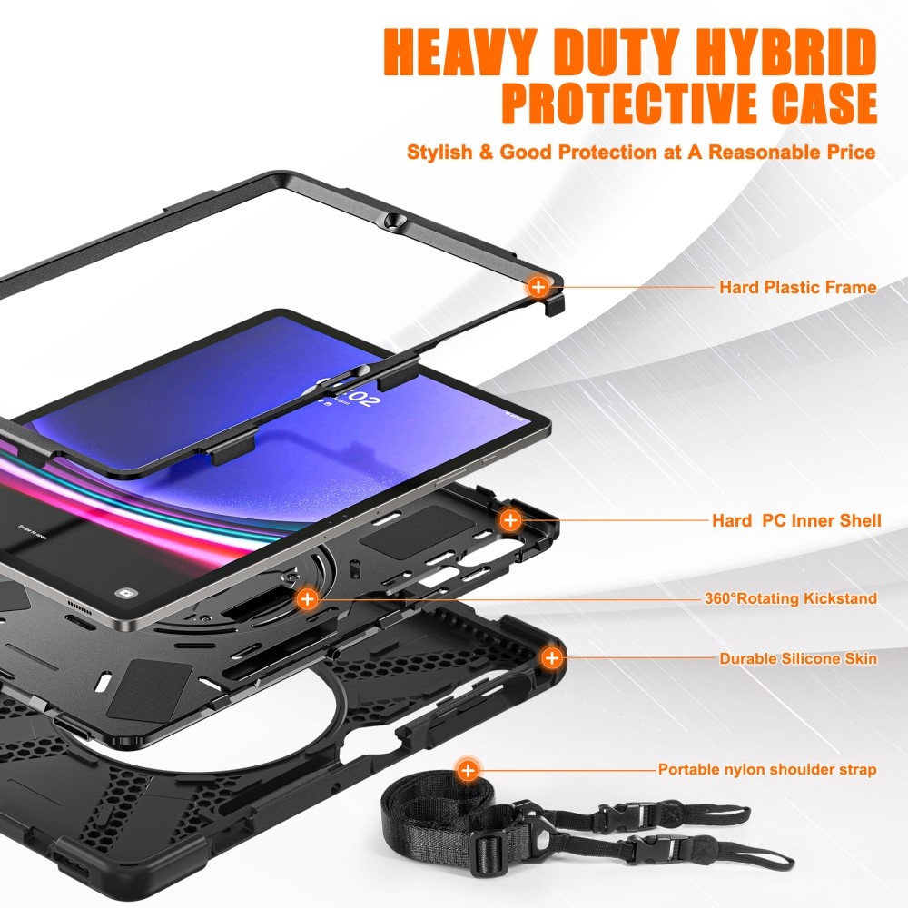 Strap odolný kryt s úchopem na ruku a popruhem na Samsung Galaxy Tab S10+/S9+/S9 FE+/S8+/S7+ - černý