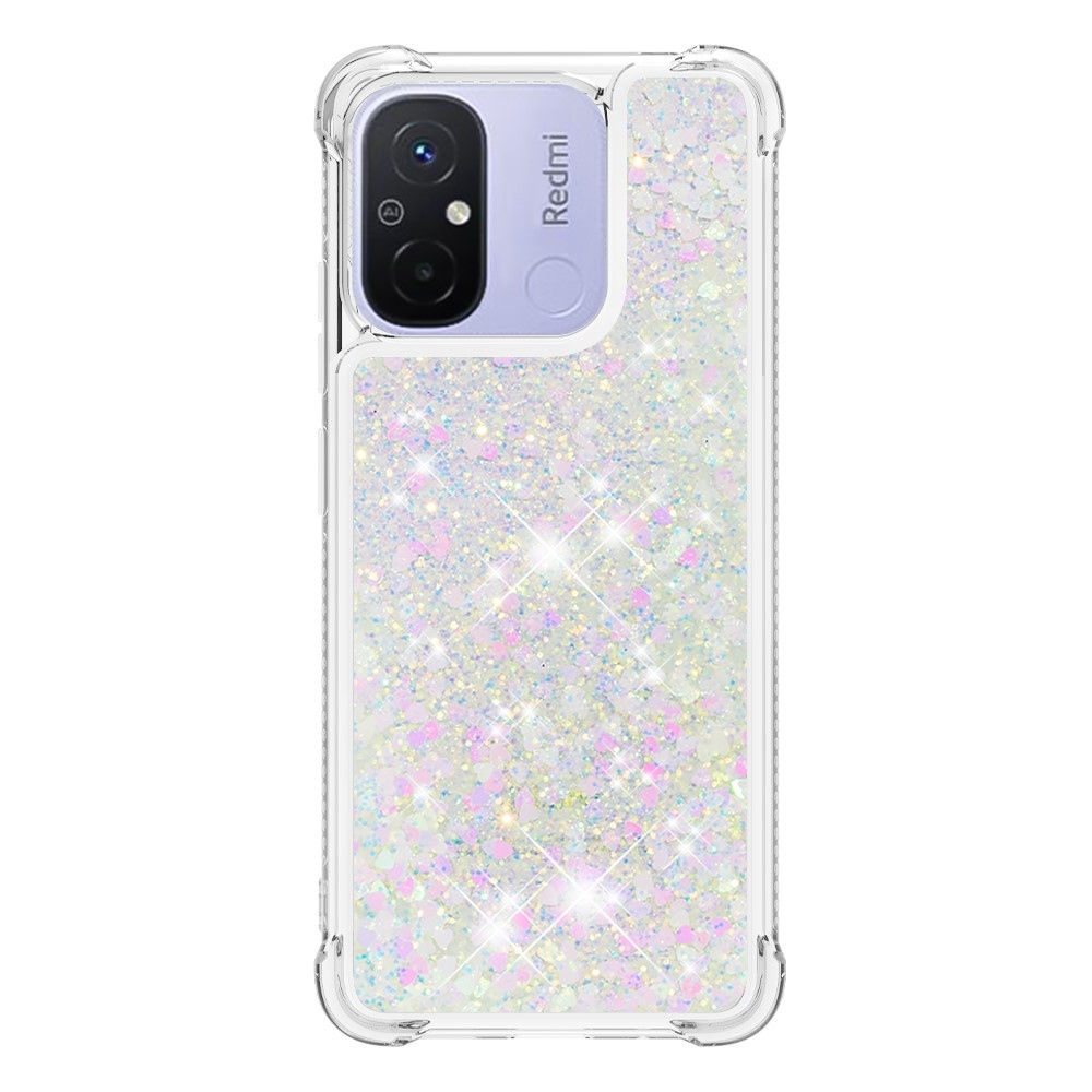 Glitter přesýpací gelový obal na Xiaomi Redmi 12C - růžovostříbrný/srdíčka