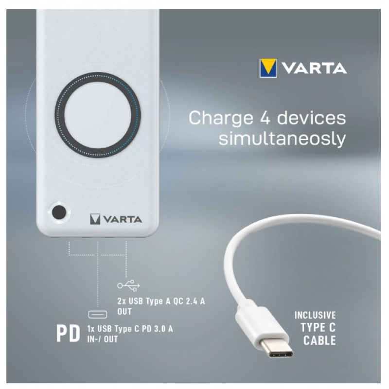 VARTA Portable Bezdrátová Powerbanka 20000mAh Silver