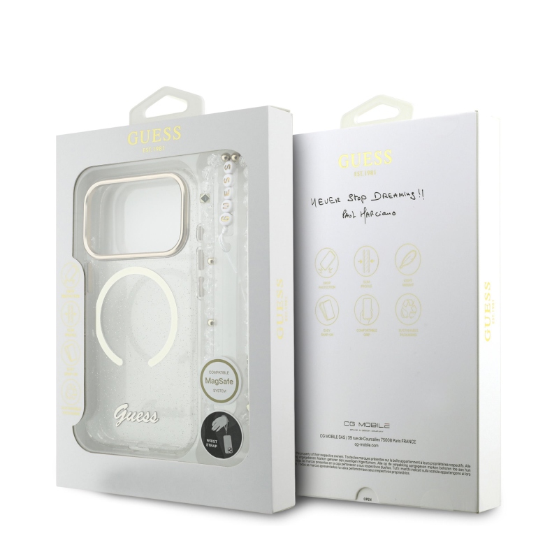 Guess IML Glitter Script Strap MagSafe Zadní Kryt pro iPhone 17 Pro Transparent