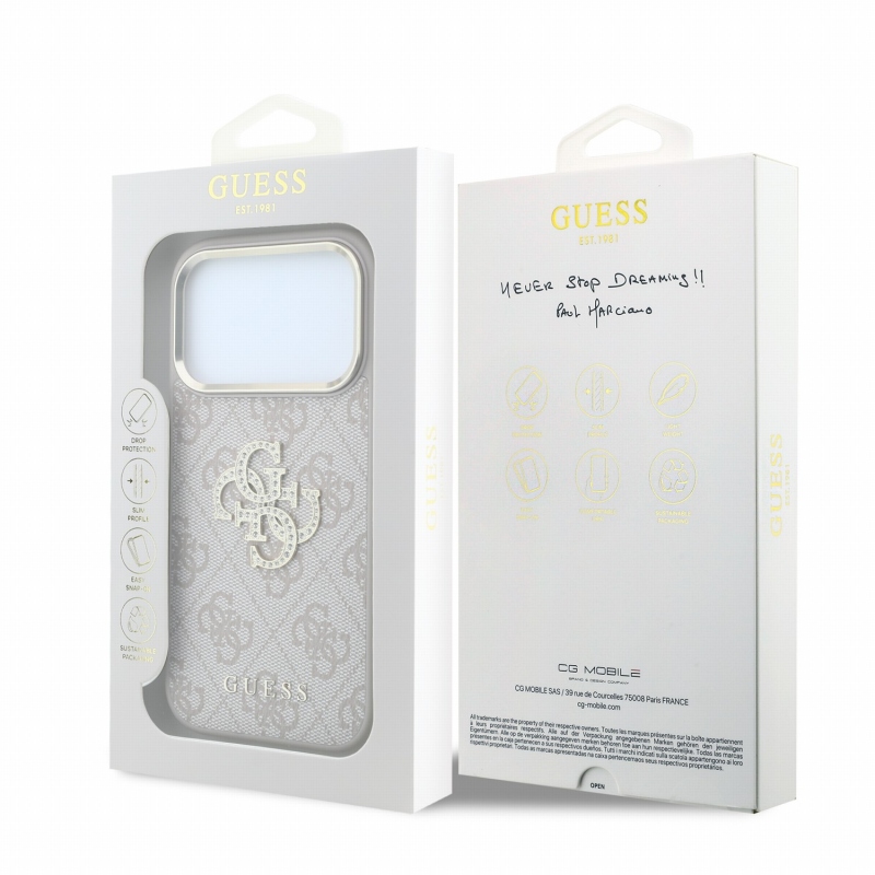 Guess PU 4G Strass Metal Logo Zadní Kryt pro iPhone 18 Pro Pink