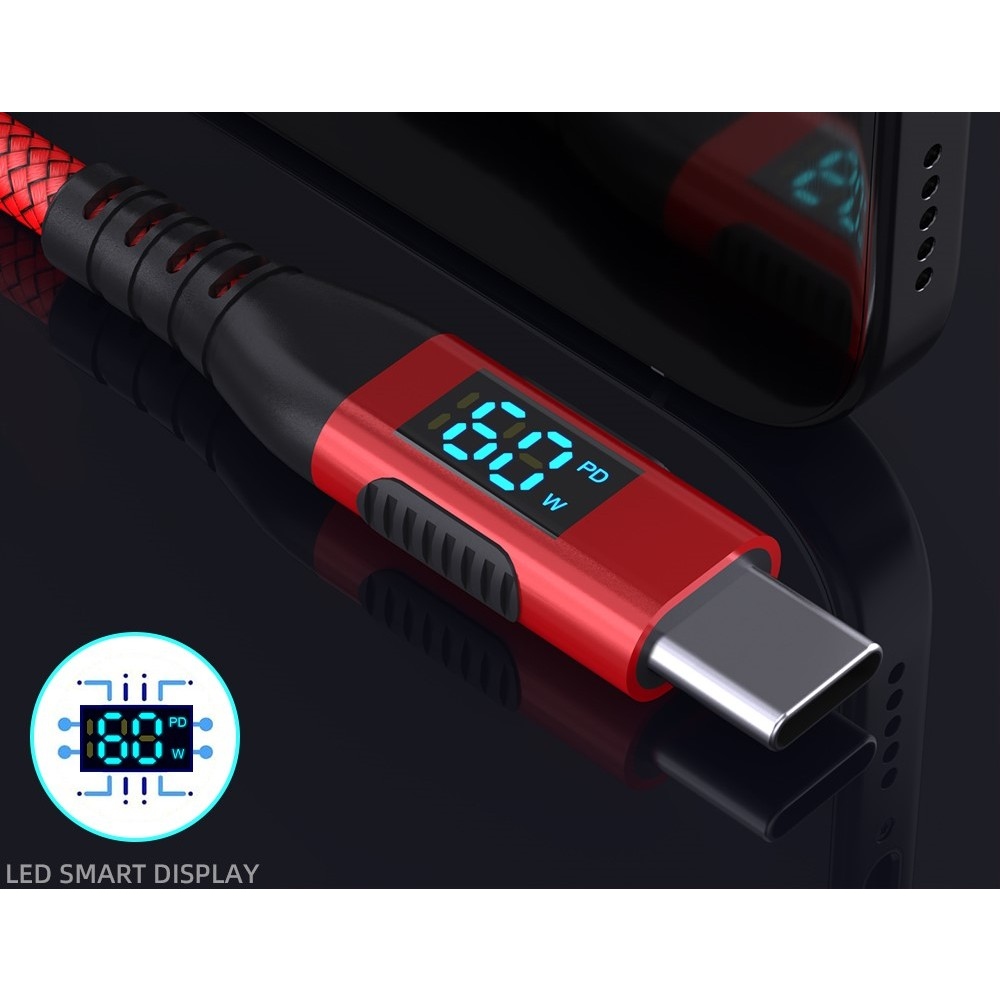 Nylonový kabel USB-C / USB-C s displejem 3m 60W - červený