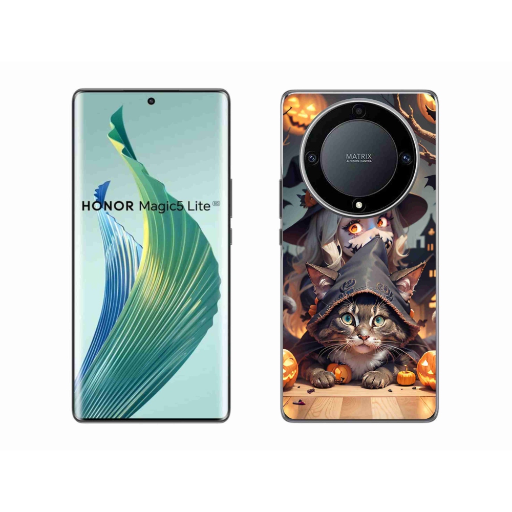 Gelový kryt mmCase na Honor Magic 5 Lite 5G - čarodějnice s kočkou