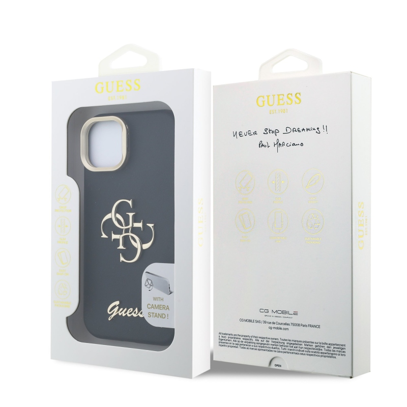 Guess PU Grained 4G Logo Stand Camera Frame Zadní Kryt pro iPhone 13 Black