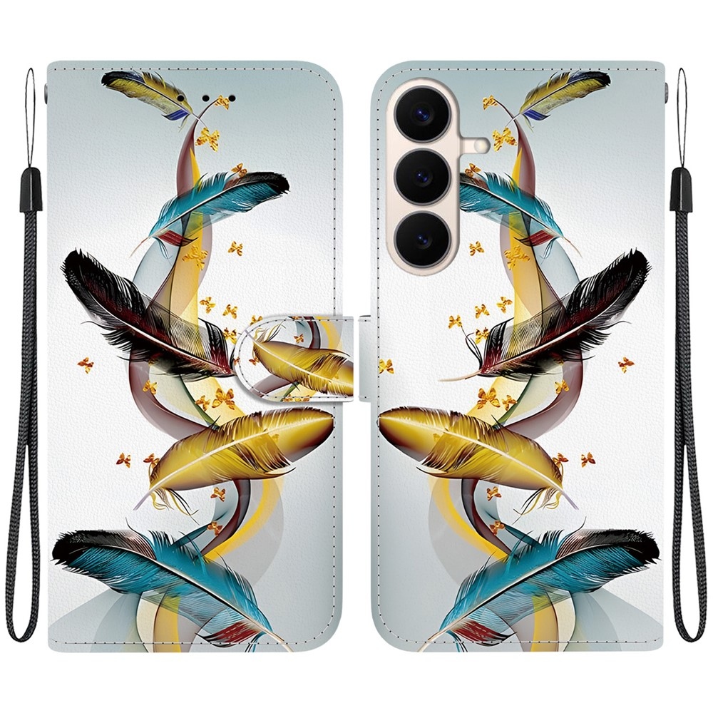 Versatile knížkové pouzdro na Samsung Galaxy S26 FE - zlatá a modrá pírka