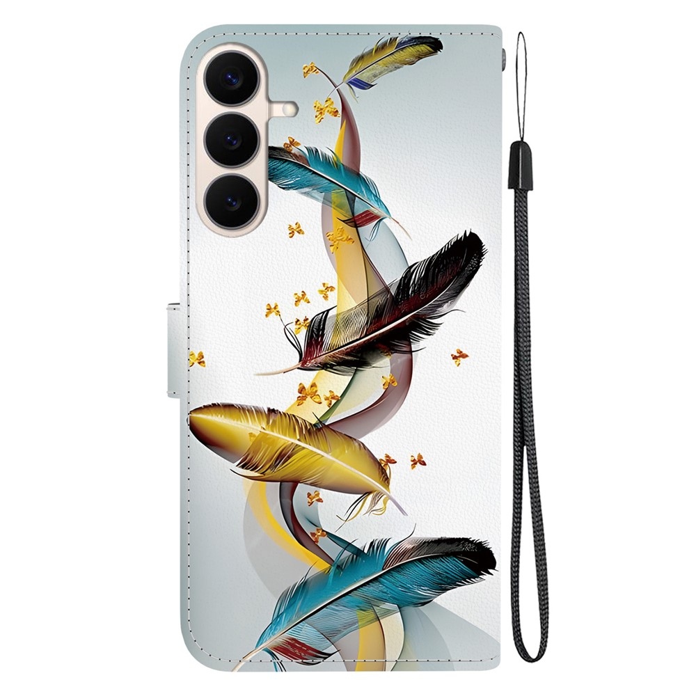 Versatile knížkové pouzdro na Samsung Galaxy S26 FE - zlatá a modrá pírka