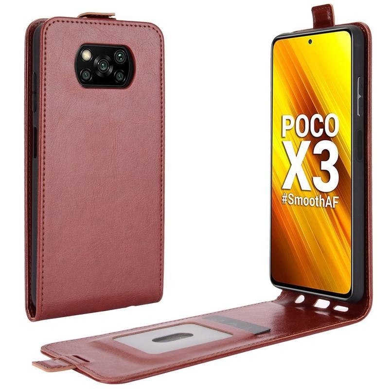 Vertical PU kožené peněženkové pouzdro na mobil Xiaomi Poco X3/X3 Pro - hnědé