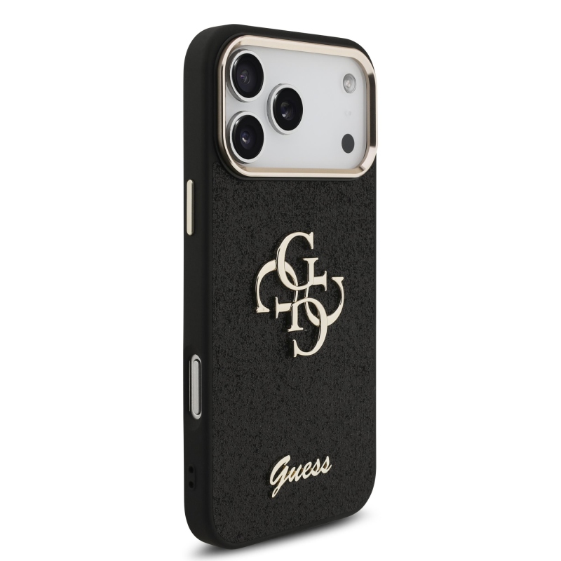 Guess PU Fixed Glitter 4G Metal Frame Zadní Kryt pro iPhone 17 Pro Max Black