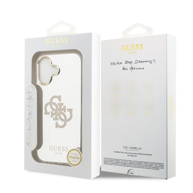 Guess PC/TPU Mirror 4G Glitter Logo MagSafe Zadní Kryt pro iPhone 17 Gold