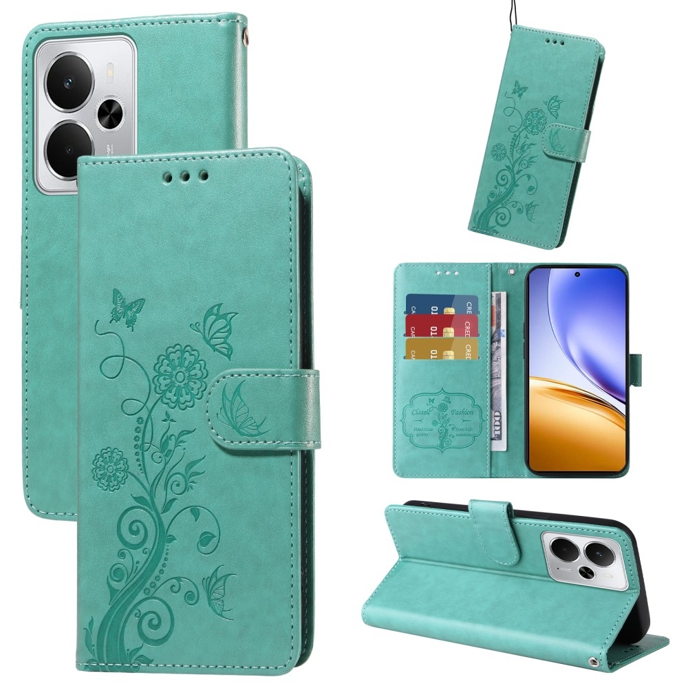 Flowery knížkové pouzdro na Realme 14 5G - modrozelené