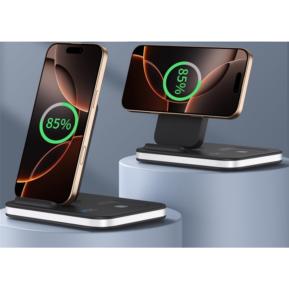 E16 skládací bezdrátová nabíjecí stanice 3v1 s nočním světlem - bílá