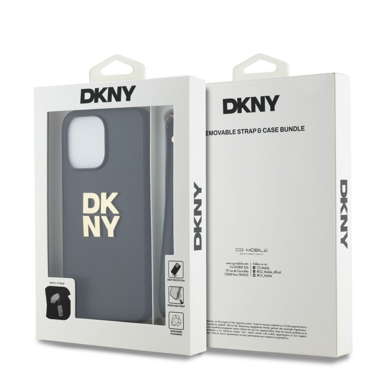 DKNY PU Leather Stack Logo Wrist Strap Zadní Kryt pro iPhone 14 Pro Max Black