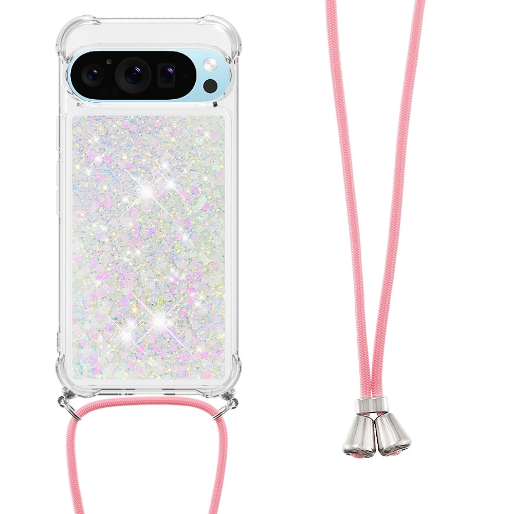 Glitters přesýpací gelový obal se šňůrkou na Google Pixel 10 Pro/Pixel 10 - růžovostříbrný/srdíčka