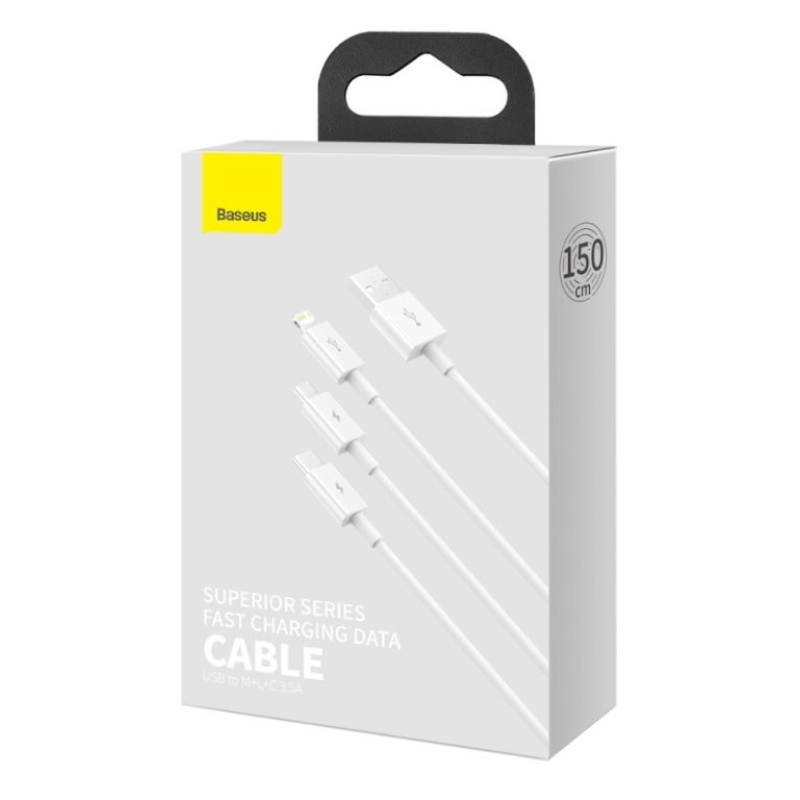 Baseus CAMLTYS-02 Superior Fast Charging Datový Kabel 3v1 USB-C, Lightning, MicroUSB 1.5m White