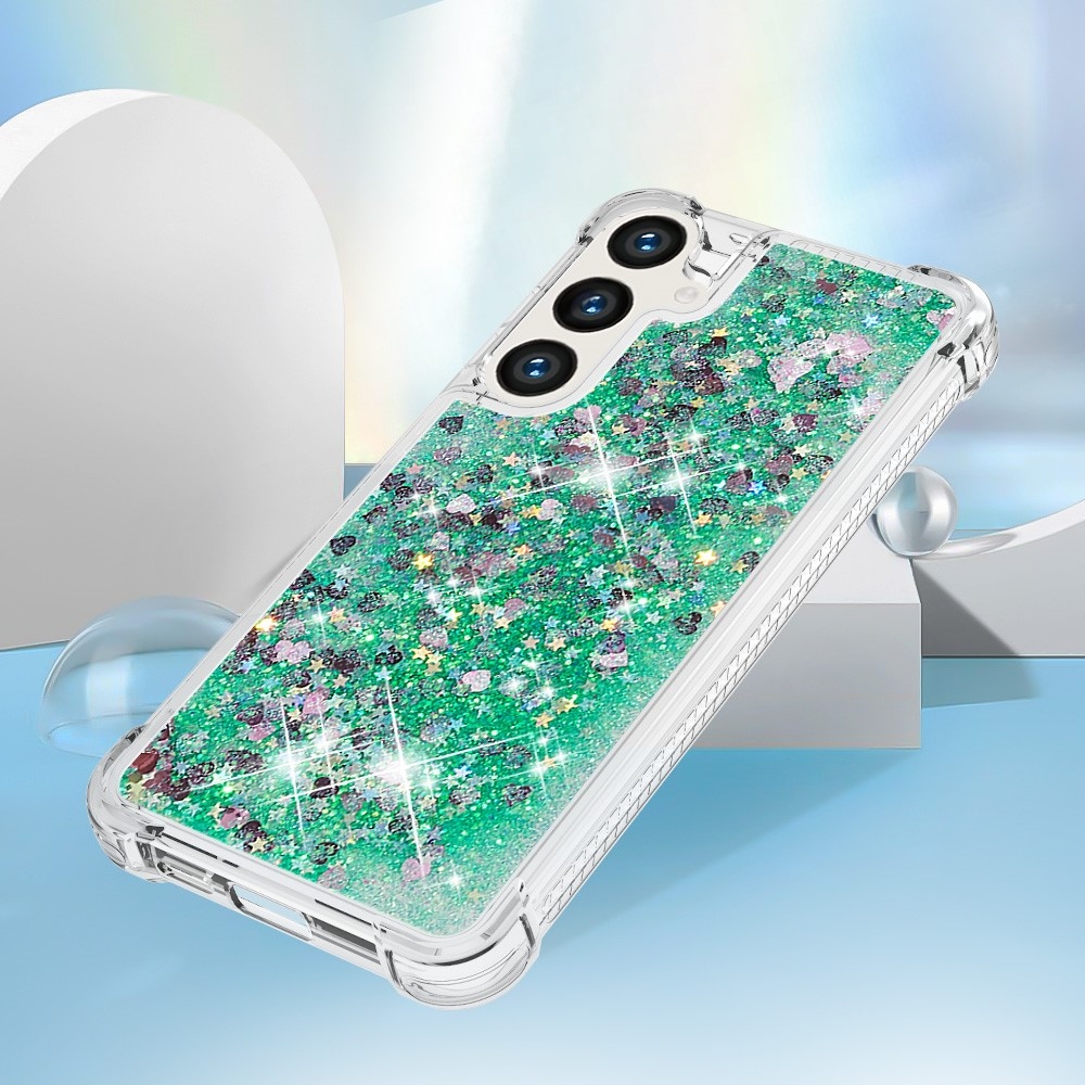 Glitter přesýpací gelový obal na Samsung Galaxy S24 - zelený/srdíčka