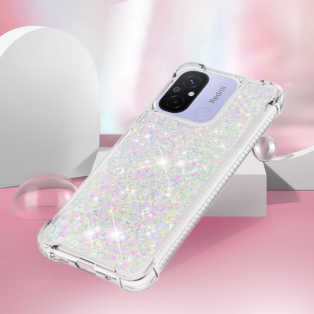 Glitter přesýpací gelový obal na Xiaomi Redmi 12C - růžovostříbrný/srdíčka