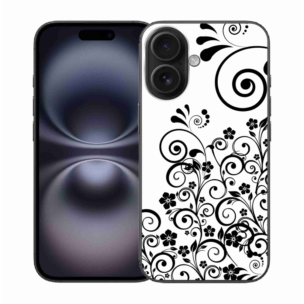 Gelový kryt mmCase na iPhone 16 - černobílé květinové vzory