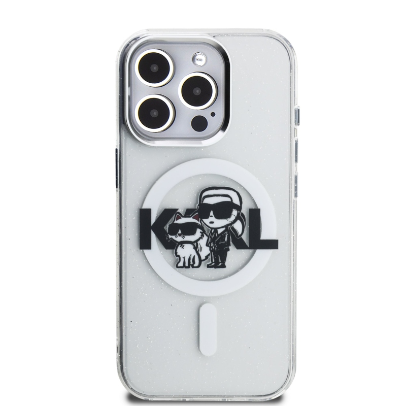 Karl Lagerfeld IML Glitter Karl and Choupette Sketch MagSafe Zadní Kryt pro iPhone 15 Pro Transparent