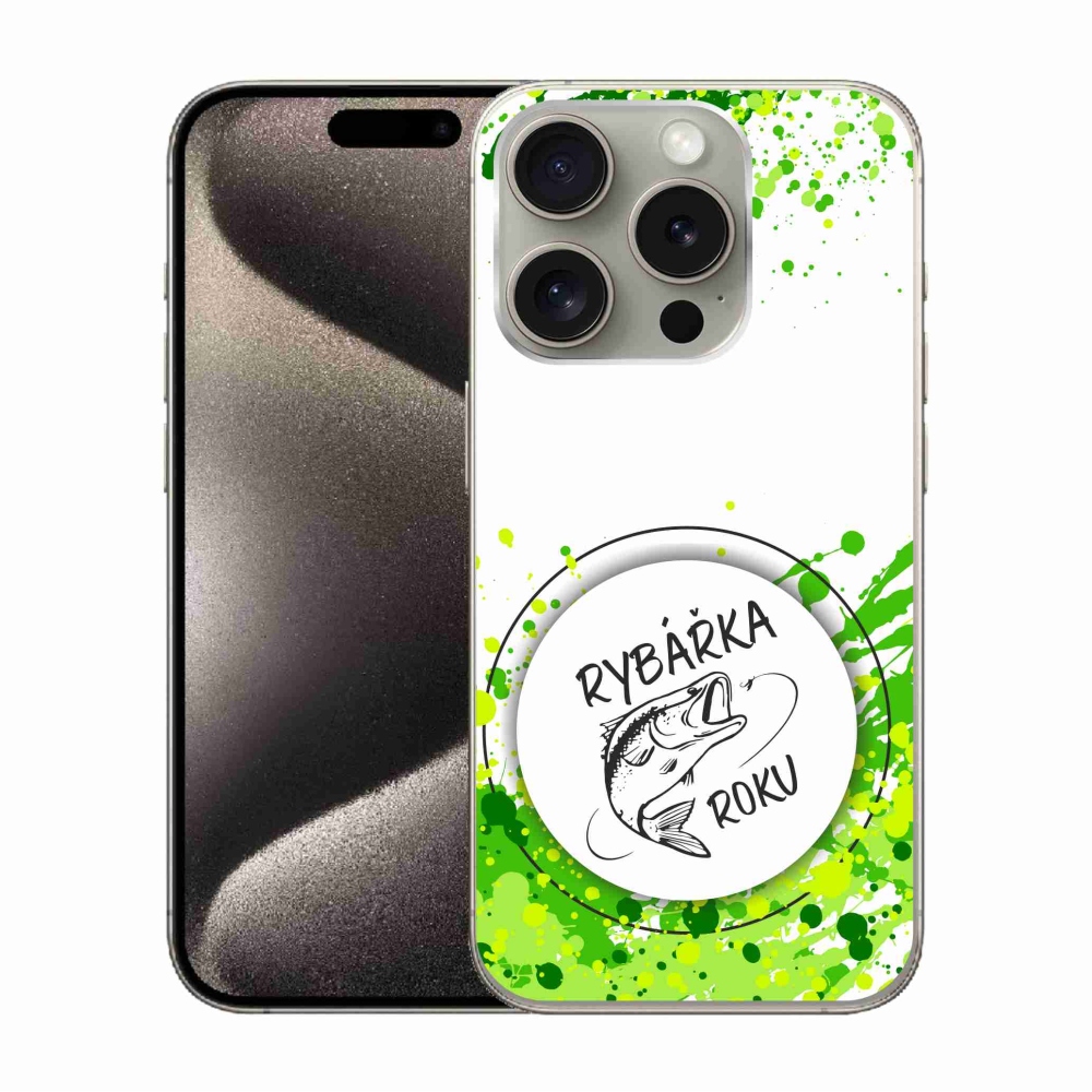 Gelový kryt mmCase na iPhone 15 Pro - rybářka roku bílé pozadí