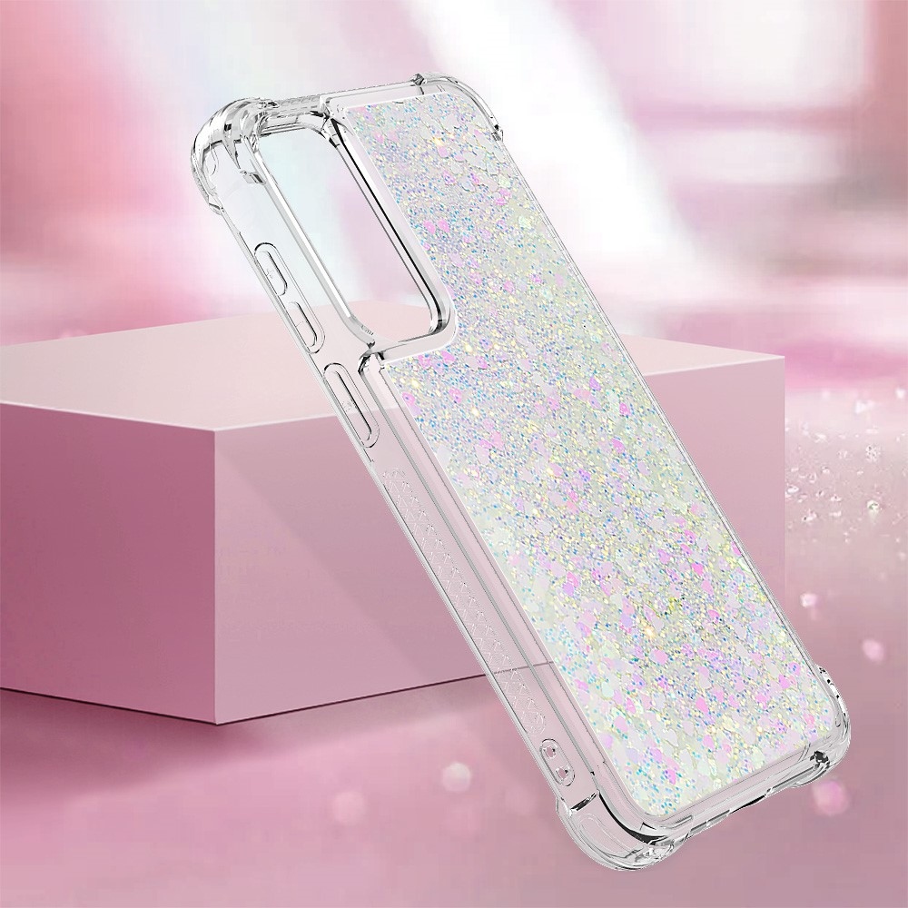Glitter gelový přesýpací obal na Samsung Galaxy A55 5G - růžovostříbrný/srdíčka