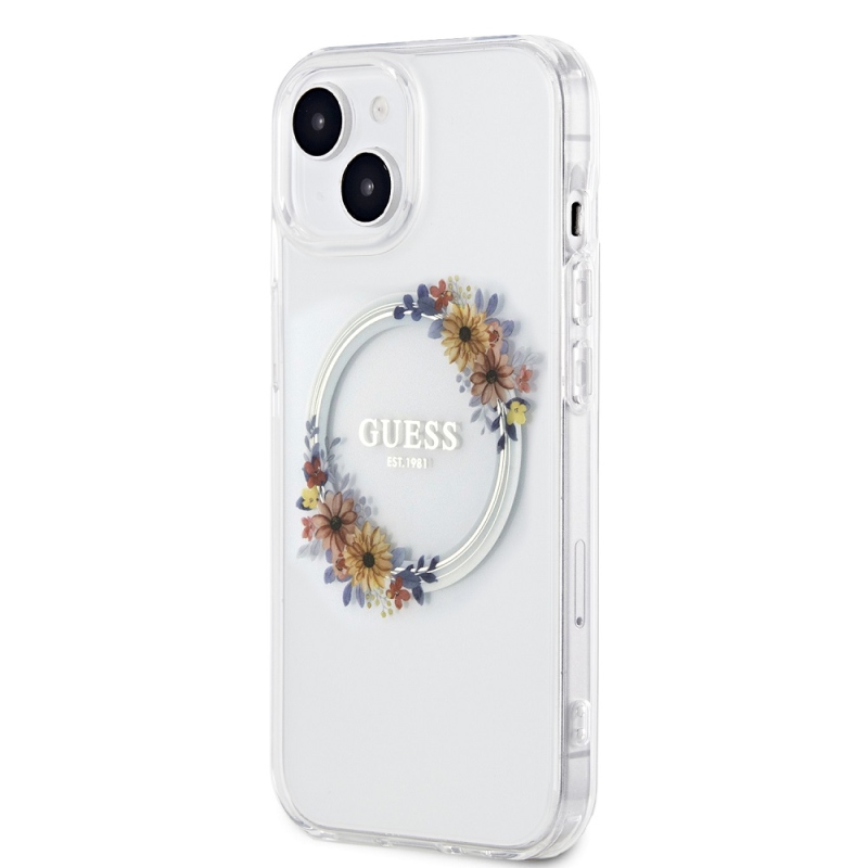 Guess PC/TPU Flowers Ring Glossy Logo MagSafe Zadní Kryt pro iPhone 15 Plus Transparent