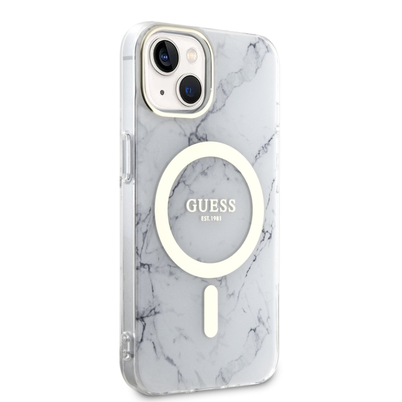 Guess IML Marble MagSafe Zadní Kryt pro iPhone 13 White