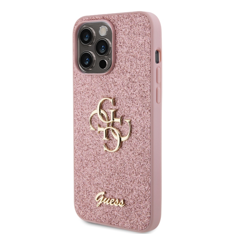 Guess PU Fixed Glitter 4G Metal Logo Zadní Kryt pro iPhone 15 Pro Max Pink
