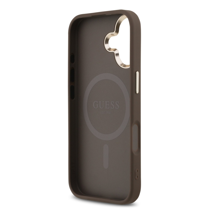 Guess PU Leather 4G Triangle Logo Gold Frame MagSafe Zadní Kryt pro iPhone 17 Brown