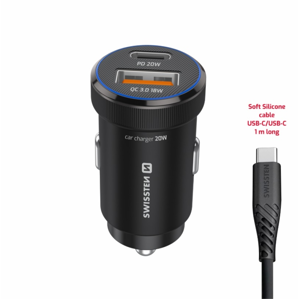 Swissten CL adaptér USB-C PD + USB-A, 20W - černý + kabel USB-C / USB-C, 1m