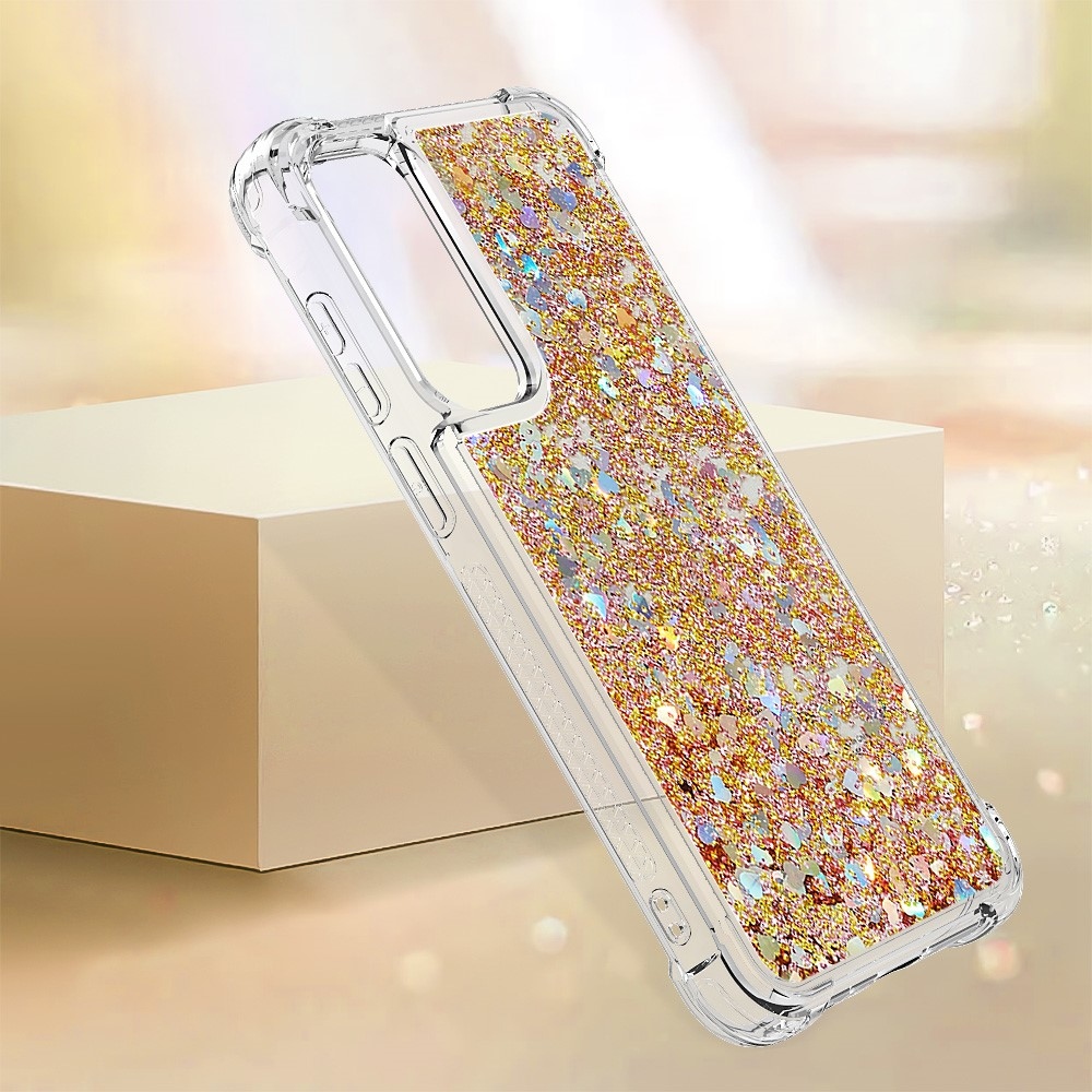 Glitter gelový přesýpací obal na Samsung Galaxy A35 5G - zlatý/srdíčka