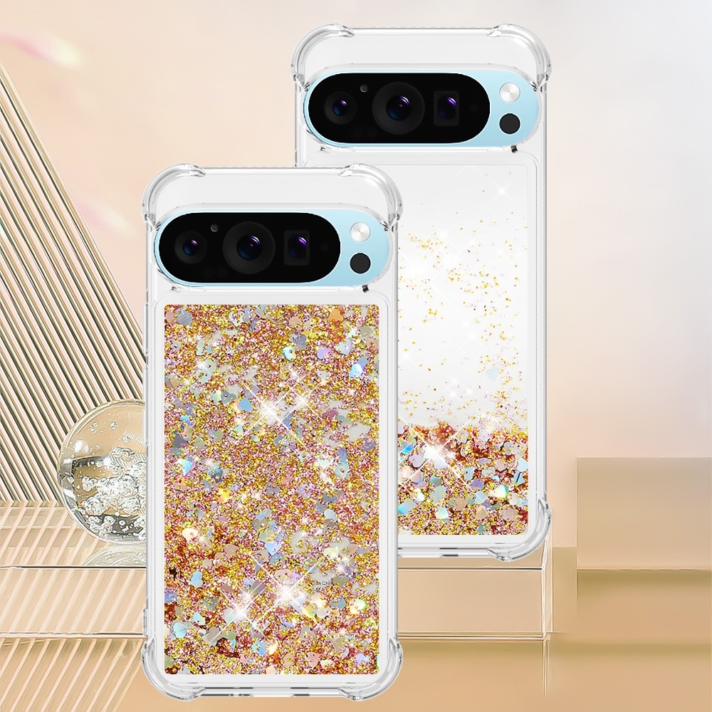 Glitter přesýpací gelový obal na Google Pixel 10 Pro/Pixel 10 - zlatý/srdíčka