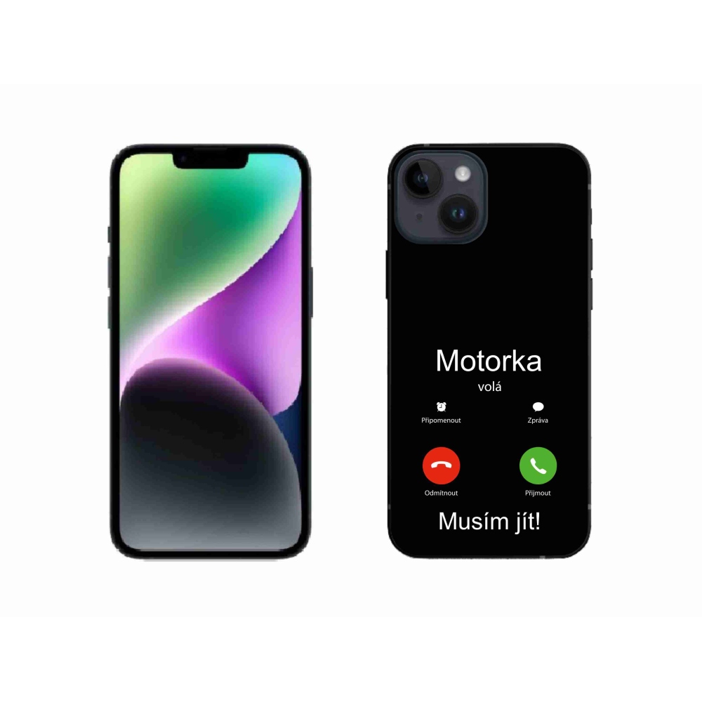 Gelový kryt mmCase na iPhone 14 - motorka volá černé pozadí