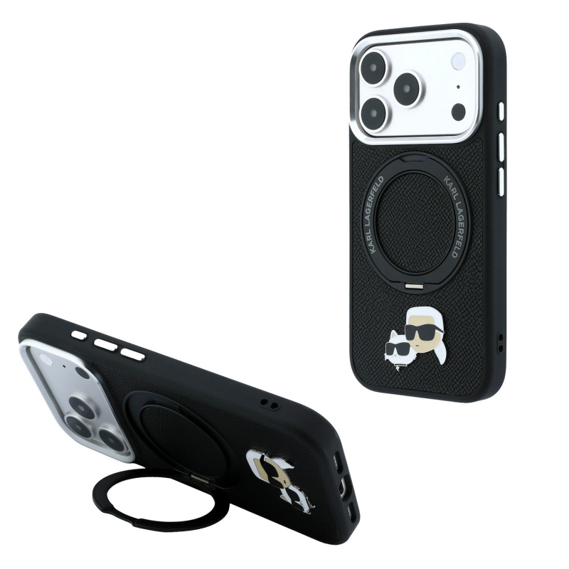 Karl Lagerfeld PU Grained K&CH Heads Ring Stand Magsafe Zadní Kryt pro iPhone 18 Pro Black