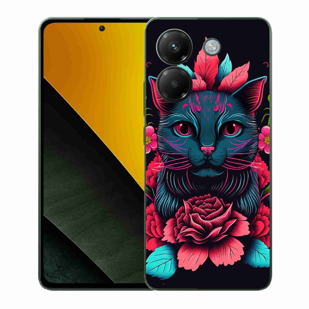 Gelový kryt mmCase na Xiaomi Poco M7 Pro 5G - květiny a kočka