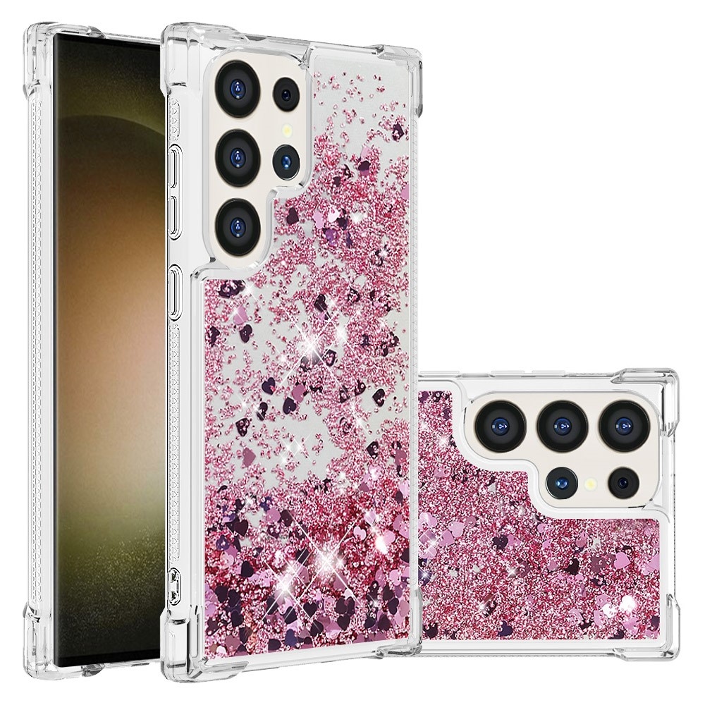 Glitter přesýpací gelový obal na Samsung Galaxy S24 Ultra - růžovozlatý/srdíčka