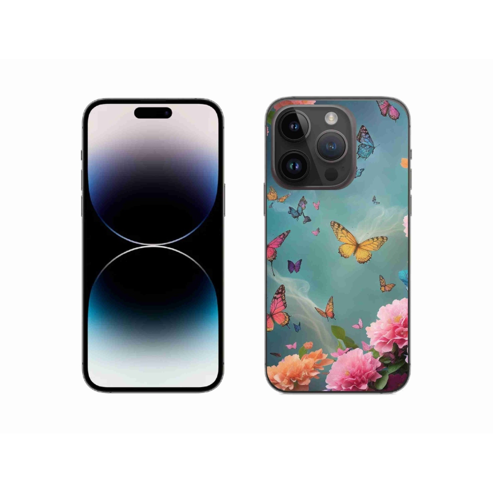 Gelový kryt mmCase na iPhone 14 Pro - barevné květy a motýli