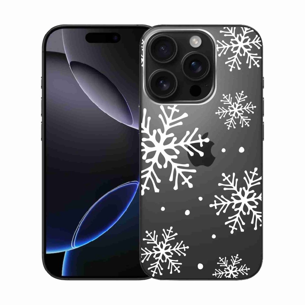 Gelový kryt mmCase na iPhone 16 Pro - bílé vločky na průhledném pozadí